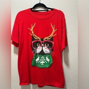 Classic Teaze Funny Cat in Christmas Scarf  & Antlers w/ Glasses T-Shirt Size L